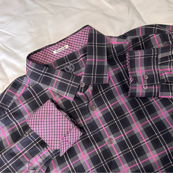 Bugatchi Other - Bugatchi Men’s XXL Cotton Shape Fit Button Down Dress Shirt Black Pink Plaid EUC